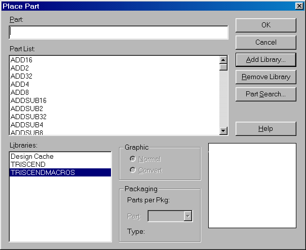 OrCAD Place Part dialogue with both Triscend Libraries added